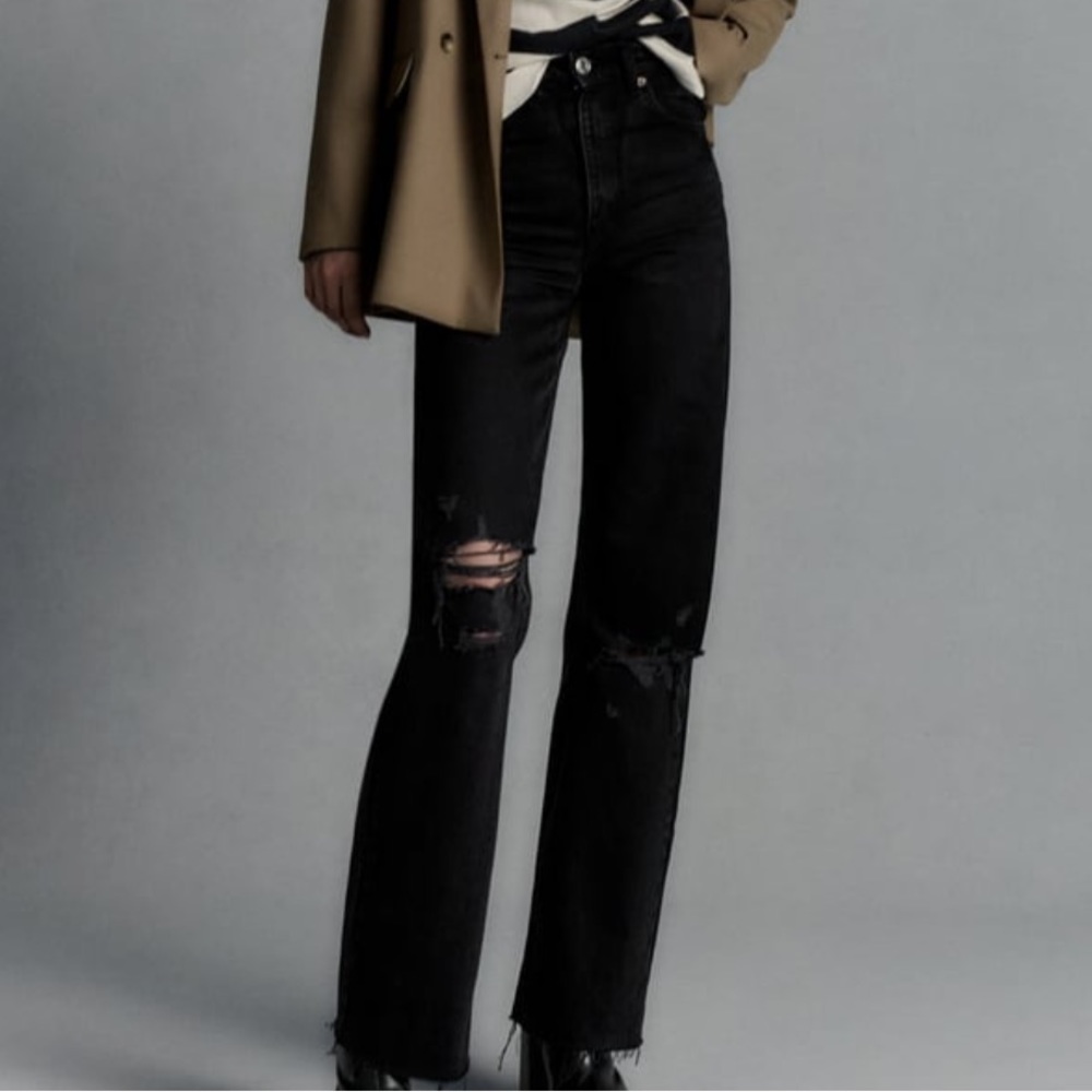 ZARA TRF RIPPED WIDE LEG JEANS, SIZE 4, BLACK
